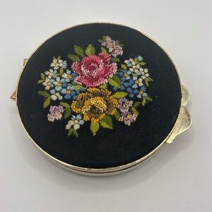 Vintage Petit Point Embroidered Compact Mirror Floral Needlepoint